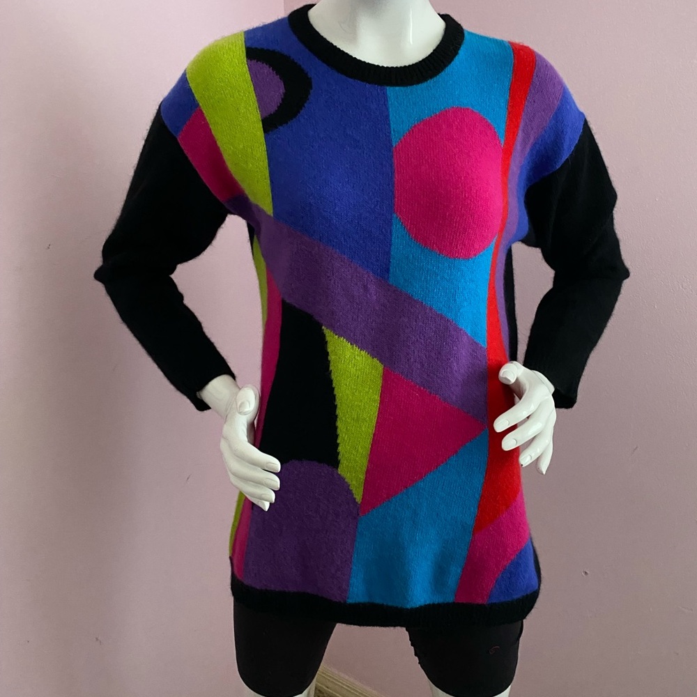 Vintage 80s Abstract Pullover Sweater Tunic Lambswool Angora l Drop Shoulder